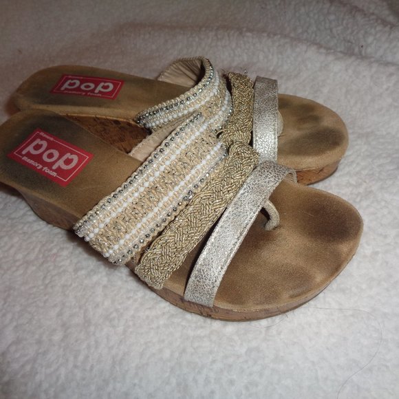 Pop Fairy Beige Beaded Fabric Wedge Sandals Size 8